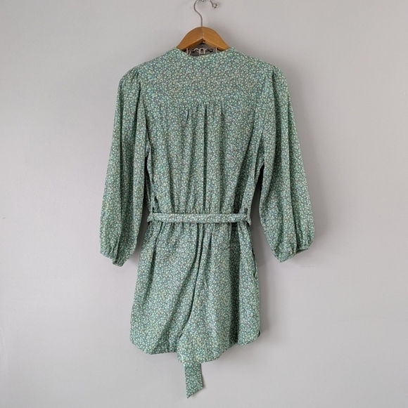 FRNCH Romper Women's Large Green Floral Talia Sage Tie Waist Puff Sleeve - Picture 4 of 10